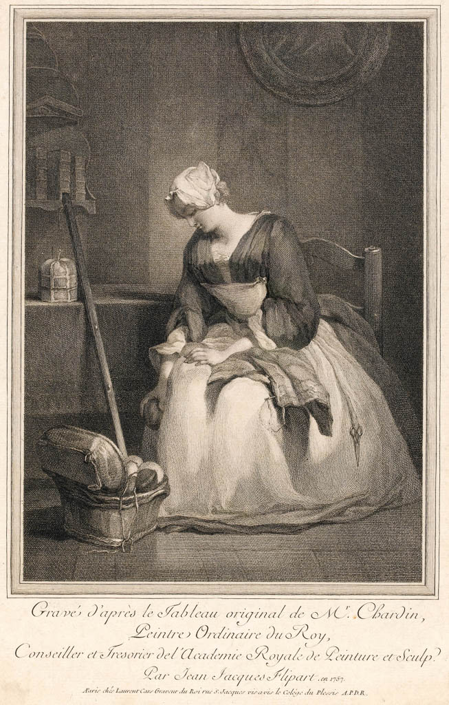 An image of L’Ouvrière en Tapisserie (La Dévideuse). Flipart, Jean Jacques (printmaker; French). After Chardin, Jean Baptiste Siméon. Cars, Laurent (publisher; French). Etching, engraving. Announced in the 'Mercure de France' November 1757. An impression was exhibited at the Salon in December 1757.