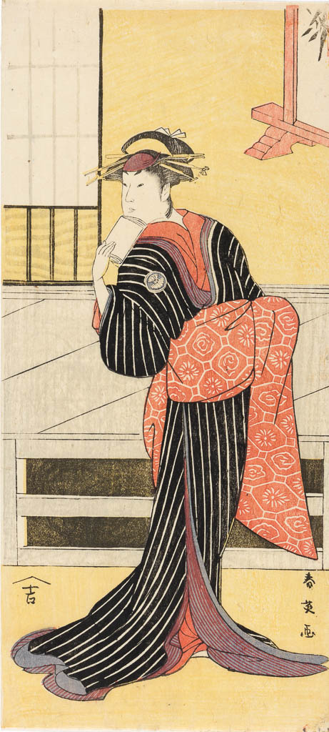 An image of The actors Sawamura Sōjūrō III (left), Segawa Kikunojō III (centre) as a courtesan and Kataoka Nizaemon VII (right) in a scene from a kabuki play. Shun'ei, Katsukawa (Japanese printmaker, 1762-1819). Colour print from woodblocks, hosoban format triptych. Published by Enomotoya Kichibei, circa 1795. The play depicted is probably Five great powers that secure love (Godairiki koi no fûjime), performed with this cast at the Miyako theatre in Edo in 1795.