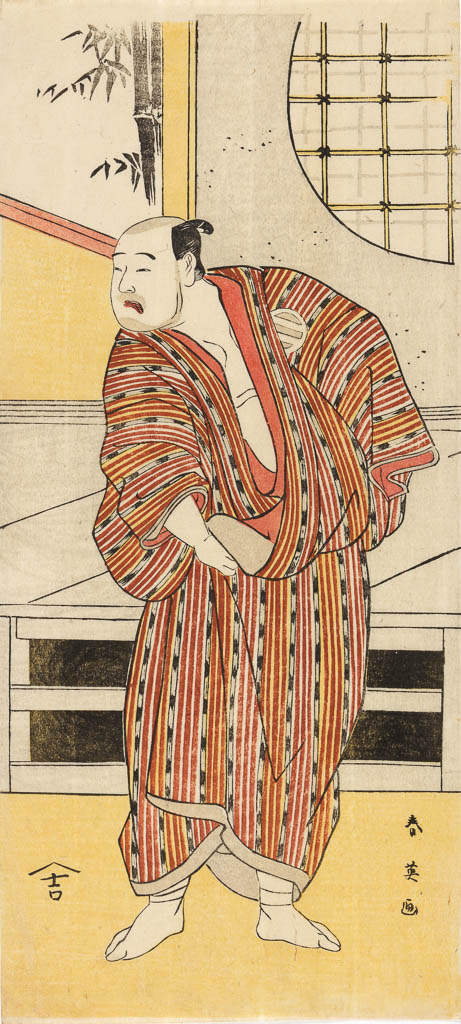 An image of The actors Sawamura Sōjūrō III (left), Segawa Kikunojō III (centre) as a courtesan and Kataoka Nizaemon VII (right) in a scene from a kabuki play. Shun'ei, Katsukawa (Japanese printmaker, 1762-1819). Colour print from woodblocks, hosoban format triptych. Published by Enomotoya Kichibei, circa 1795. The play depicted is probably Five great powers that secure love (Godairiki koi no fûjime), performed with this cast at the Miyako theatre in Edo in 1795.