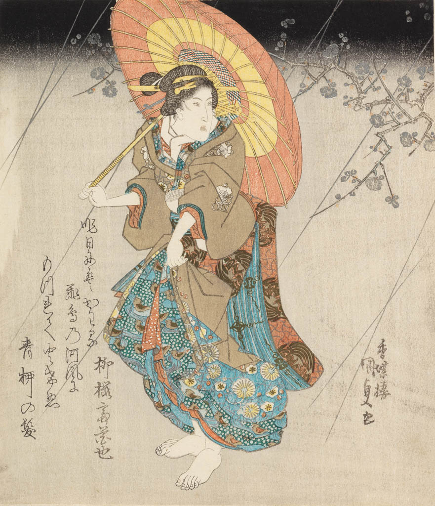 An image of Onoe Kikugorô III as Izutu-ya Dembei and Iwai Kumesaburô II as Oshun Ichikawa. Utagawa Kunisada (1786-1864).  Colour print from woodblocks with metallic pigments and blind embossing (karazuri). Shikishiban format surimono diptych. Poets: Ryukaen Mizugaki and Ryuôtei Hananari. Circa 1832. This scene of lovers meeting under a plum tree in a rain storm illustrates the play Scapegoat Oshun (Migawari Oshun, or Hanakawado migawari no dan), which was performed with these actors in 1827 and 1832.