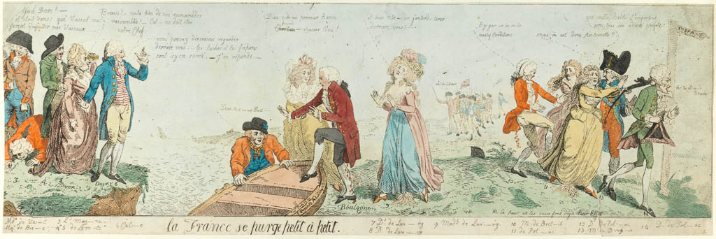 An image of Salus in Fuga: La France se purge petit a petit. Cruikshank, Isaac (printmaker, British, 1764-1811); Fores, S. W. (publisher, British, 1761-1838). Etching, hand colouring, circa 1790.