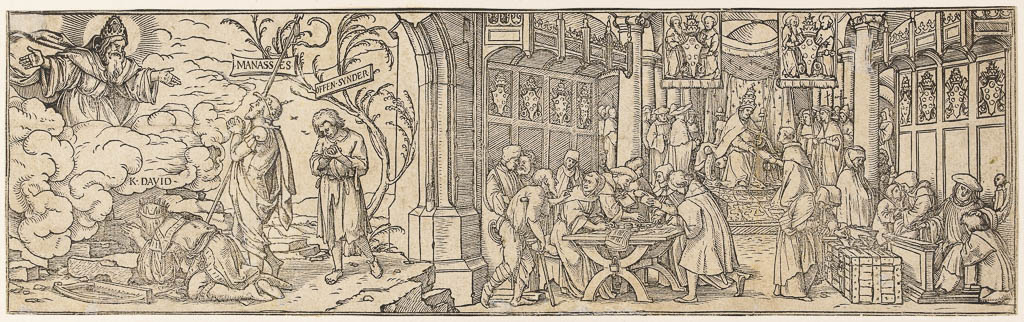 An image of The Selling of Indulgences, with King David Kneeling Before God. Lützelburger, Hans (German), after Holbein, Hans, the younger. Woodcut, circa 1524.