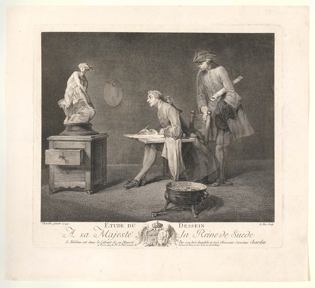 An image of L'étude du dessin (The Drawing Study). Le Bas, Jacques Philippe (printmaker). After Chardin, Jean Baptiste Siméon. Etching, engraving. Circa 1757.