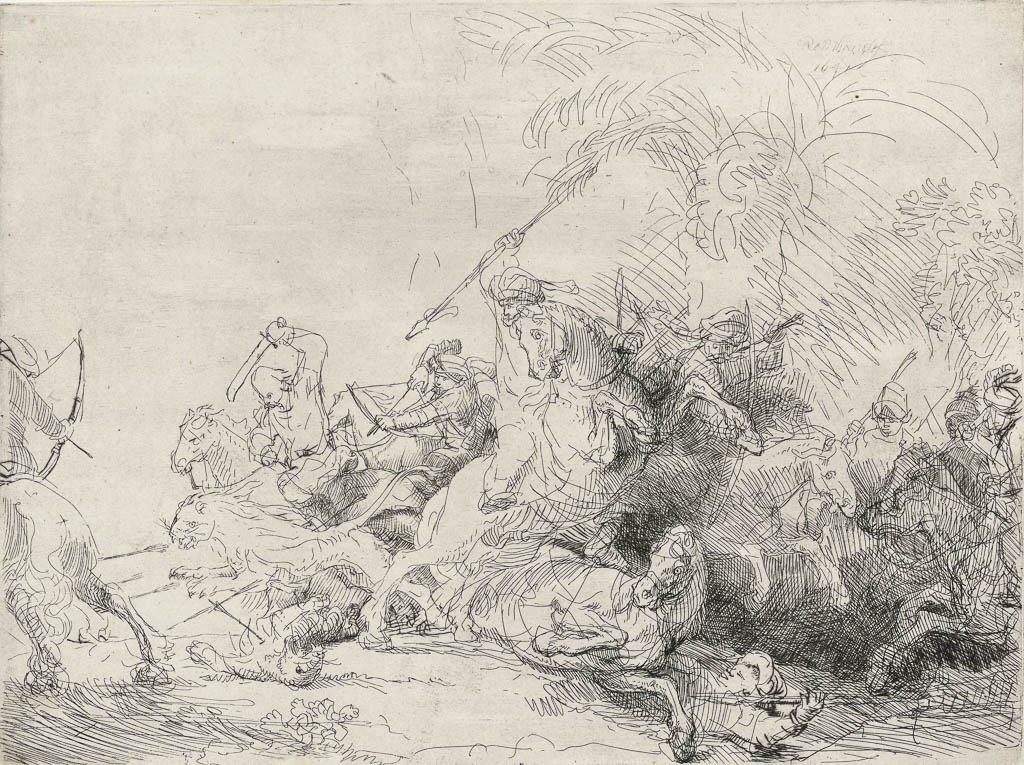 An image of The Large Lion Hunt. Rembrandt Harmensz. van Rijn (Dutch, 1606-1669). Etching, drypoint, surface tone, black carbon ink on paper, height (plate) 225 mm, width (plate) 300 mm; height (sheet) 227 mm, width (sheet) 302 mm, 1641. State I/II.