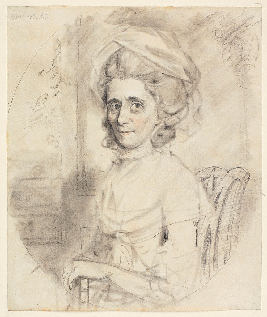 An image of Mrs Elizabeth Nation. Old Mrs Nation. Downman, John (British, 1750-1824). Black, red and white chalk with stump, some lines incised with a stylus, on paper, attached to mount sheet, height 225 mm, width 190 mm, 1780. Notes: by L.C.G. Clarke, "apparently the Mrs Nation who made a considerable fortune in High Street Exeter as a retailer of snuff and tobacco. The business is still in existence". 2nd Series, Vol, IV, No. 23.