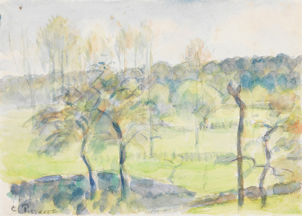 An image of Spring. Pissarro, Camille (French, 1830-1903). Watercolour over black chalk under-drawing, on paper, height 126 mm, width 178 mm.