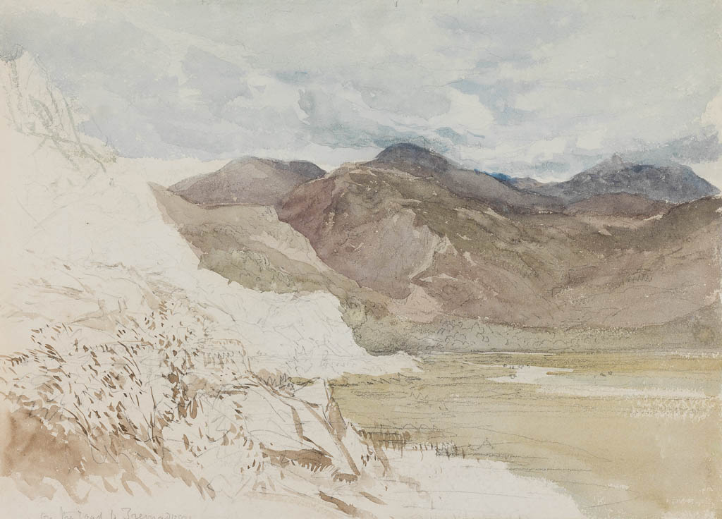An image of On the Road to Tremadoc, N. Wales. Cox, David, the elder (British, 1783-1859). Graphite and watercolour on paper, laid down, height 267 mm, width 361 mm.