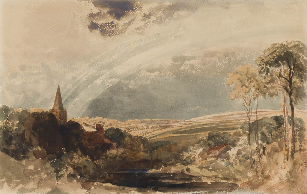 An image of The Effect of a Passing Shower. De Wint, Peter (British, 1784-1849). Watercolour with gum Arabic on paper, height 321 mm, width 477 mm.