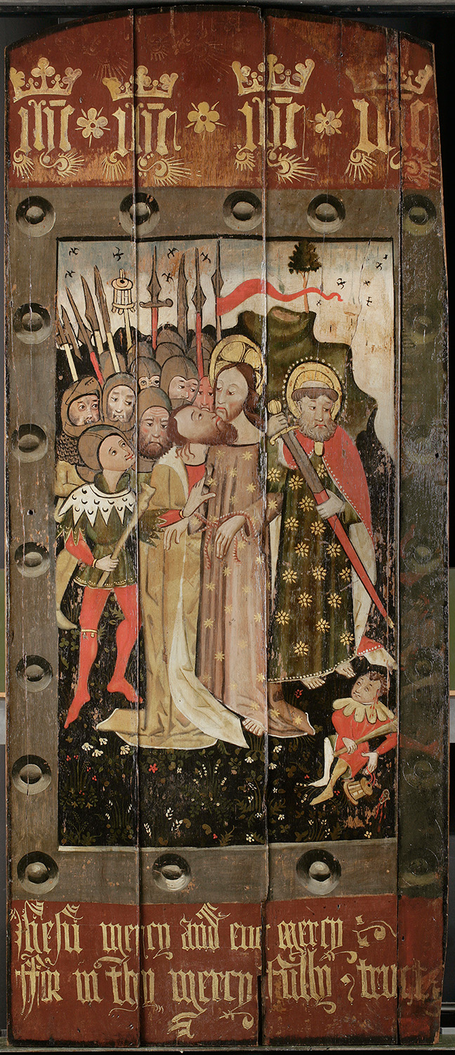 An image of The Kiss of Judas. British School, Coventry? Oil on oak boards, height 173 cm, width 74.3 cm, c 1470. Inscription; u.c.; painted; IHC; holy monogram, repeated four times. Inscription; l.c.; painted; Jhesu mercy and eue[r] mercy Ffor in thy mercy fully trust. Notes: HKI-2426.