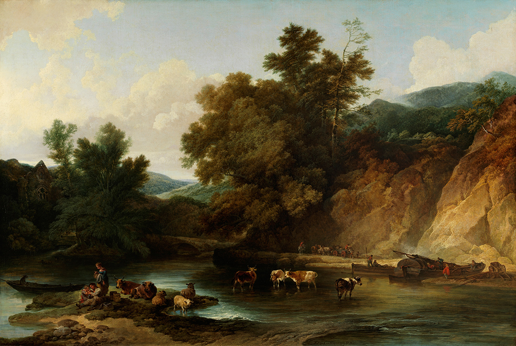 An image of The River Wye at Tintern Abbey. Loutherbourg, Philip James de (British, 1740-1812). Oil on canvas, height, canvas, 108.0 cm, width, canvas, 161.9 cm, 1805.
