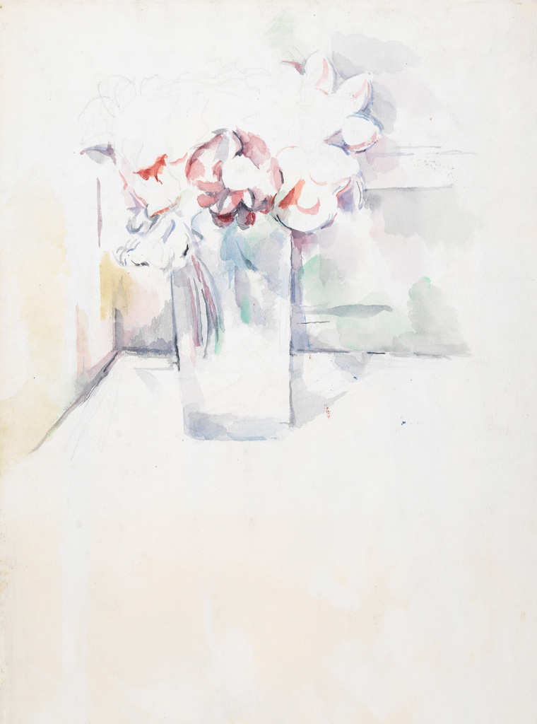 An image of Recto: Les Bois, Aix-en-Provence. Verso: Still-life flowers in a jar (unfinished). Cézanne, Paul (French, 1839-1906). Watercolour over graphite, on white paper, height 466mm, width 300mm, circa 1890.