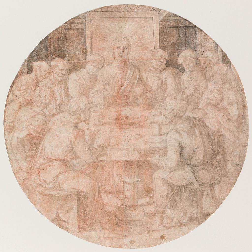 An image of The Last Supper. Reworking with different draperies of one of the Apostles. Hogenberg, Nicolaus, attributed to (German/Netherlandish, c.1500-1539). Pen and ink with grey wash on pink washed paper (the paper is in two pieces), diameter, 332 mm. Production Note: Formerly catalogued as 'attributed to Aert Claesz'. One of a group of designs for stained glass roundels. Originally joined to no. 734*3b but separated by Miss Lewisohn in 1979 when they underwent conservation.