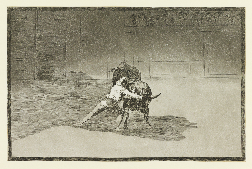 An image of El famoso Martincho poniendo banderillas al quiebro. La Tauromaquia - Plate 15. Goya y Lucientes, Francisco José de (Spanish, 1746-1828). Etching, engraving, drypoint, aquatint, burnishing (printmaking), black carbon ink on laid paper, height 201 mm, width 310 mm, 1816. Production Notes: Plate 15 from the first edition of La Tauromaquia, set of 33 plates made for Goya in 1816. Third state, on Sierra paper, cut impression.