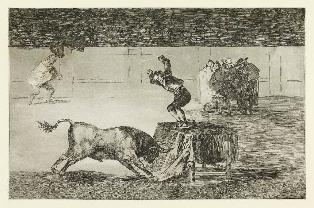 An image of Otra locura suya en la misma plaza. La Tauromaquia - Plate 19. Goya y Lucientes, Francisco José de (Spanish, 1746-1828). Etching, drypoint, engraving, aquatint, burnishing (printmaking), black carbon ink on laid paper, height 204 mm, width 317 mm, 1816. Production Notes: Plate 19 from the first edition of La Tauromaquia, set of 33 plates made for Goya in 1816. Third state, on Sierra paper, cut impression.