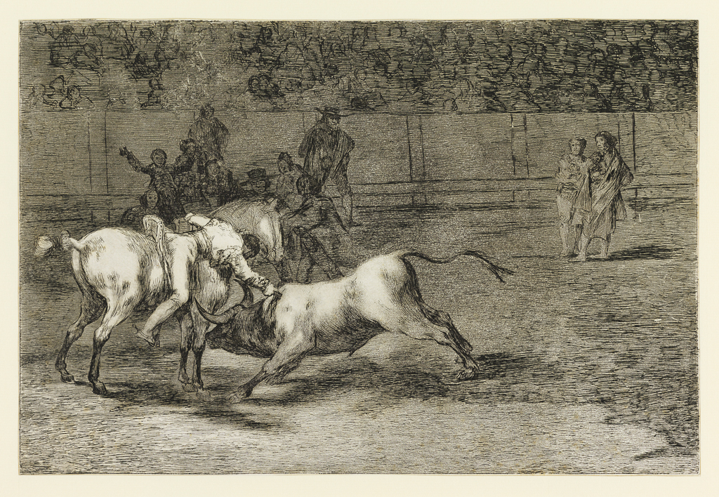 An image of Mariano Ceballos, alias El Indio, mata el toro desde su caballo. La Tauromaquia - Plate 23. Goya y Lucientes, Francisco José de (Spanish, 1746-1828). Etching, aquatint, burnishing (printmaking), black carbon ink on paper, height 211 mm, width 314 mm, 1816. Production Notes: Plate 23 from the first edition of La Tauromaquia, set of 33 plates made for Goya in 1816. Third state, on Sierra paper, cut impression.
