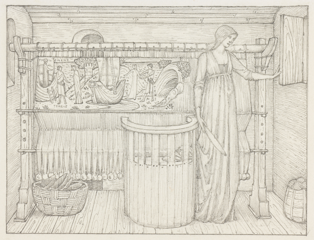 An image of Legend of Good Women: Philomene at the loom. For page 441 of the Kelmscott Chaucer. Burne-Jones, Edward (British, 1833-1898). Graphite within drawn graphite border on paper, height, drawn area, 130 mm, width, drawn area, 172 mm; height, support, 154 mm, width, support, 193 mm.