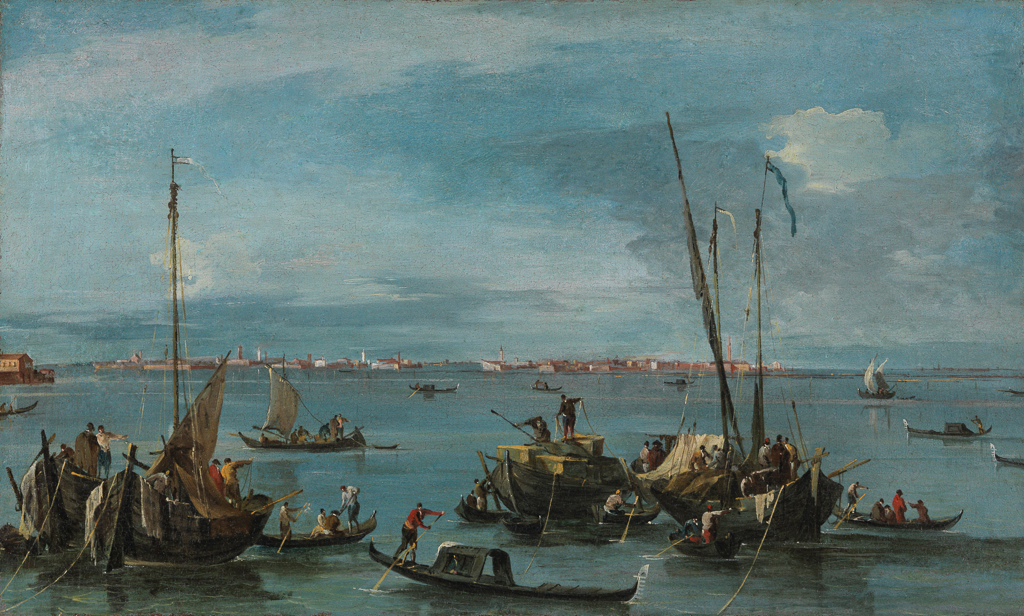 An image of View towards Murano from the Fondamente Nuove, Venice. Guardi, Francesco (Italian, 1712-1793). Oil on canvas, height 31.7 cm, width 52.7 cm. Venetian School.