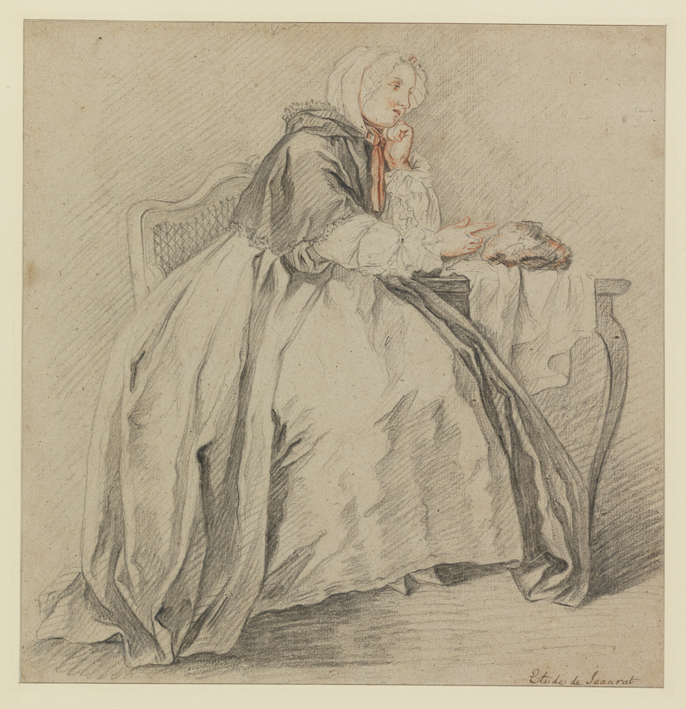 An image of Study for 'La Relevée'. Jeaurat, Étienne (French, 1699-1789). Black and red chalk on greyish brown laid paper, backed, height 262 mm, width 254 mm.