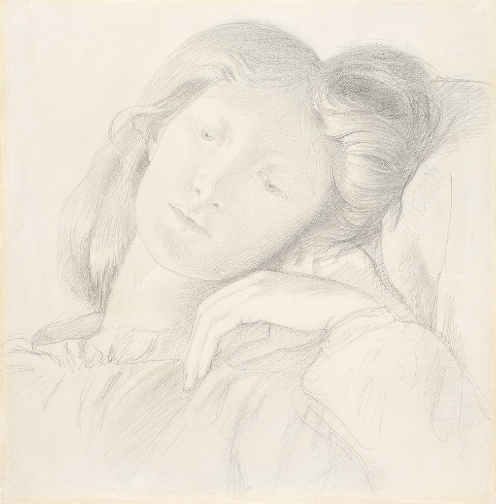 An image of Elizabeth Siddal. Rossetti, Dante Gabriel (British, 1828-1882). Graphite on paper, height 258 mm, width 252 mm, 1860.