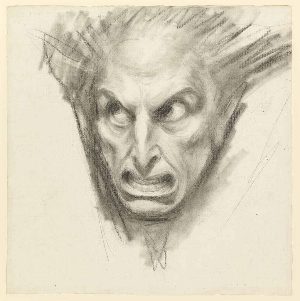 An image of Study for the Fiend's Head (1). Romney, George (British, 1734-1802). Black chalk worked with stump over traces of graphite, strengthened with black chalk on paper, height 303 mm, width 300 mm.