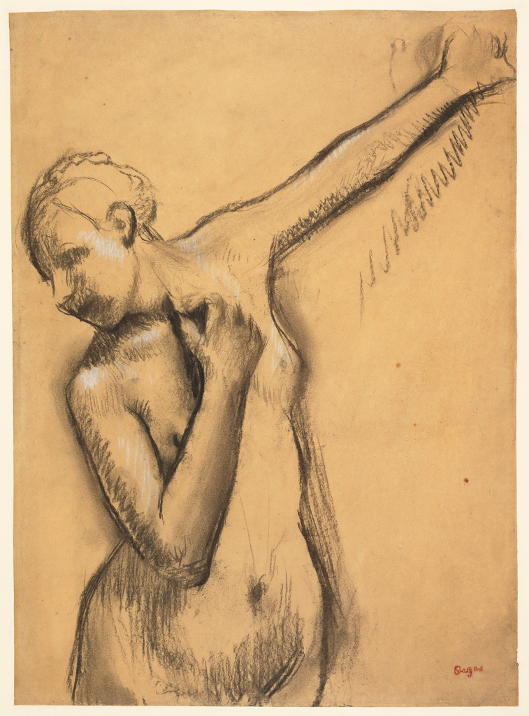 An image of Half-length nude girl, left arm uplifted. Degas, Edgar (French, 1834-1917). Charcoal heightened with white on tracing paper, height 539 mm, width 388 mm.