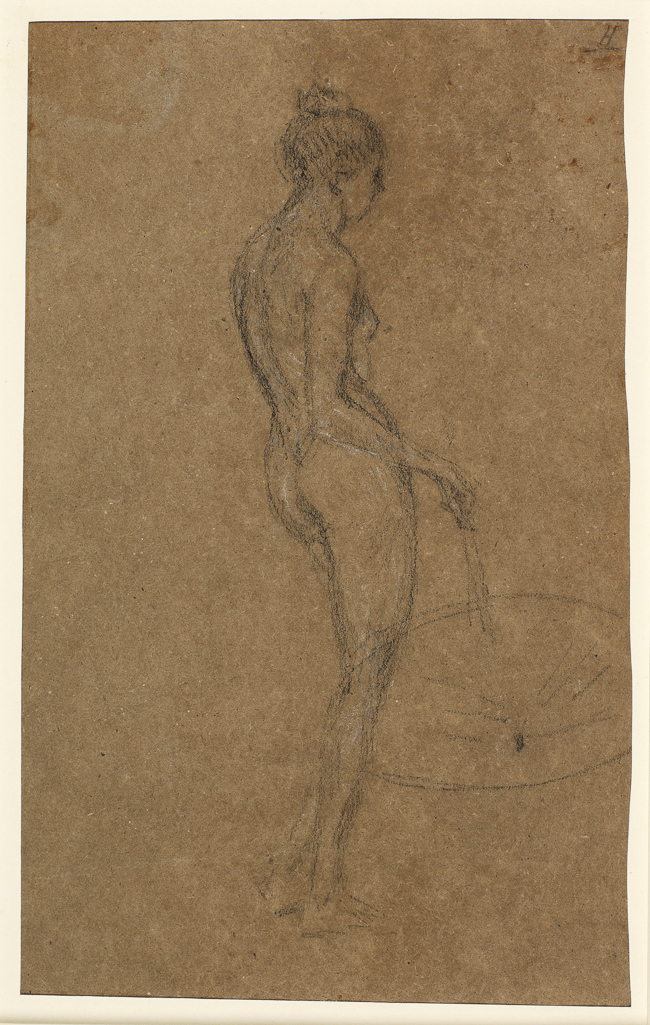 An image of Recto: Study of a standing woman, seen from behind. Verso: Study of a standing female nude, facing right, holding a parasol in her right hand. Whistler, James McNeill (American, 1834-1903). Black and white chalk on brown paper, height 289 mm, width 182 mm, 1870-1873.