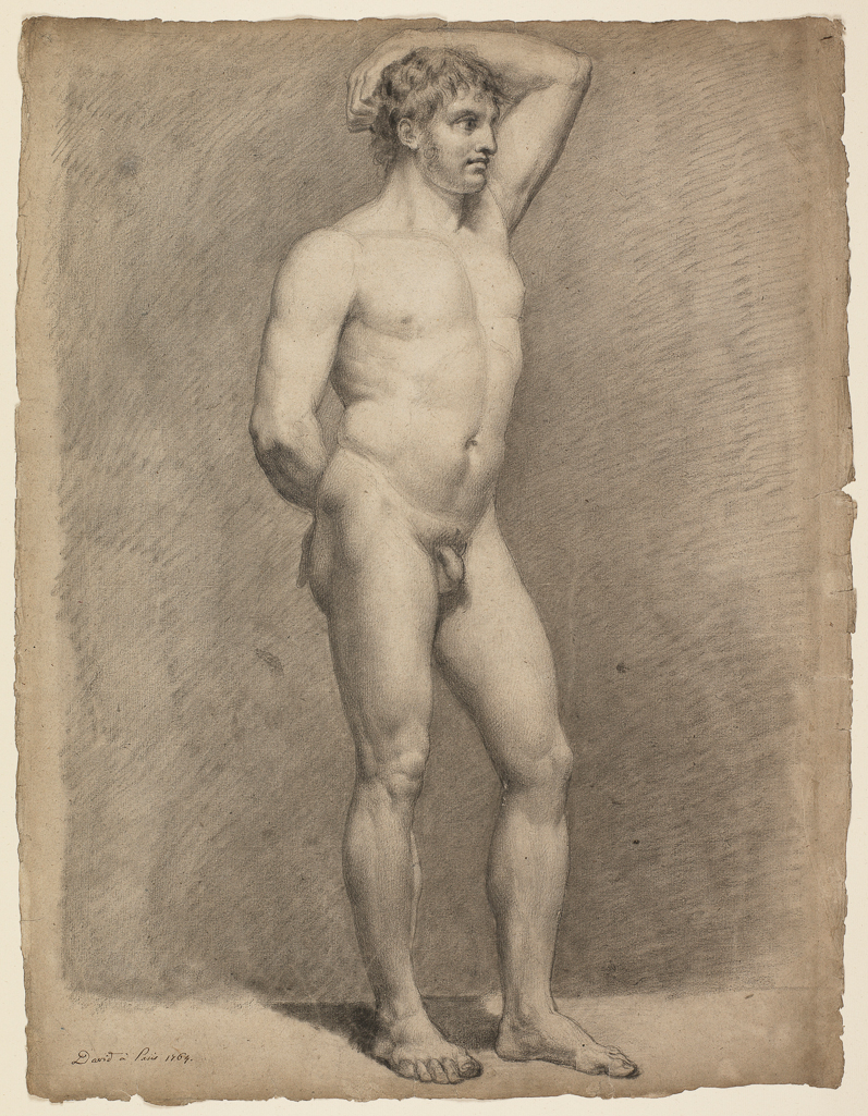 An image of An academy study of a male nude. David, Jacques-Louis, attributed to (French, 1748-1825). Black chalk on off-white paper, laid down, height, paper, 610 mm, width, paper, 470 mm, 1764.