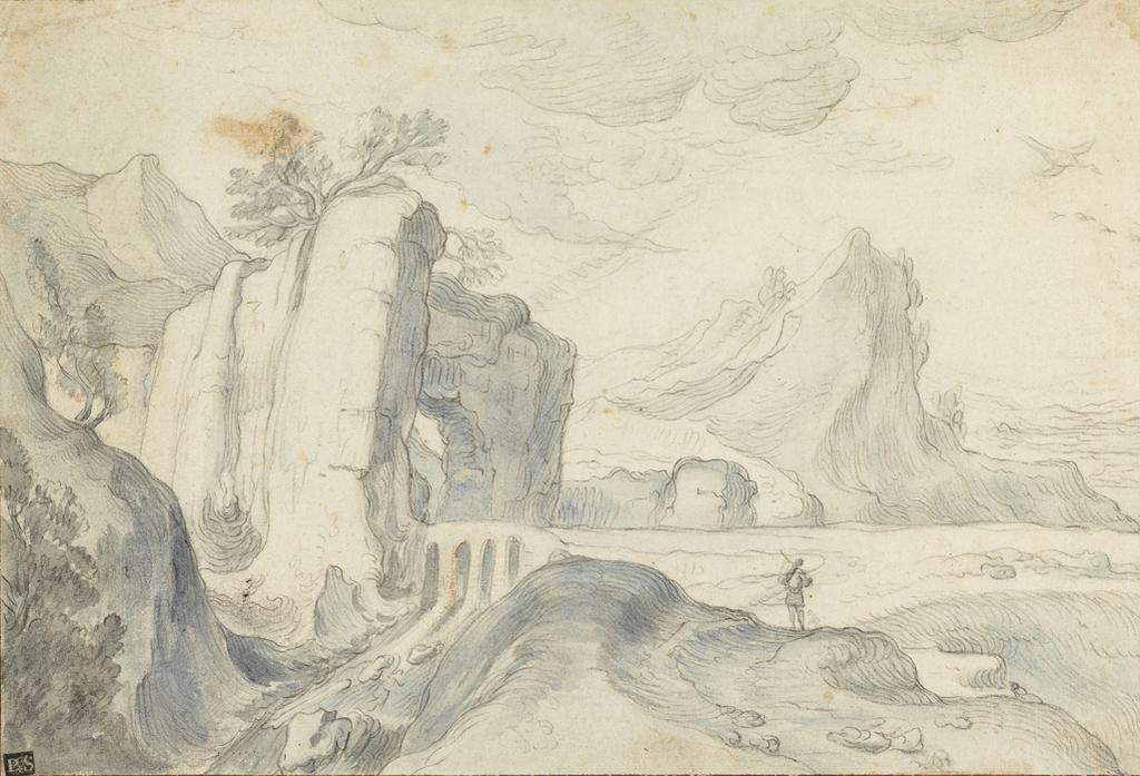 An image of Mountainous landscape with a bridge over falls and a figure on the right. Bloemaert, Abraham (Dutch, 1564-1651). Black chalk with blue and grey wash and a trace of red chalk, bordered on each side by two lines of brown wash, on paper, height 201 mm, width 293 mm.