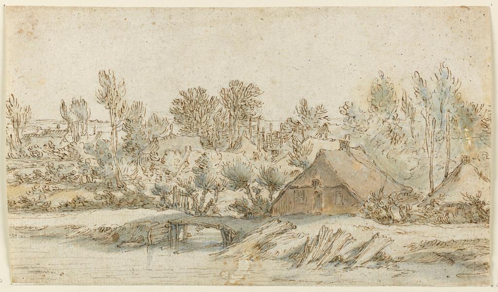 An image of Recto: Cottage by a river with small bridge. Verso: Studies of farm buildings and trees. Bloemaert, Abraham (Dutch, 1564-1651). Pen, brown ink and watercolour on paper, height 115 mm, width 199 mm.