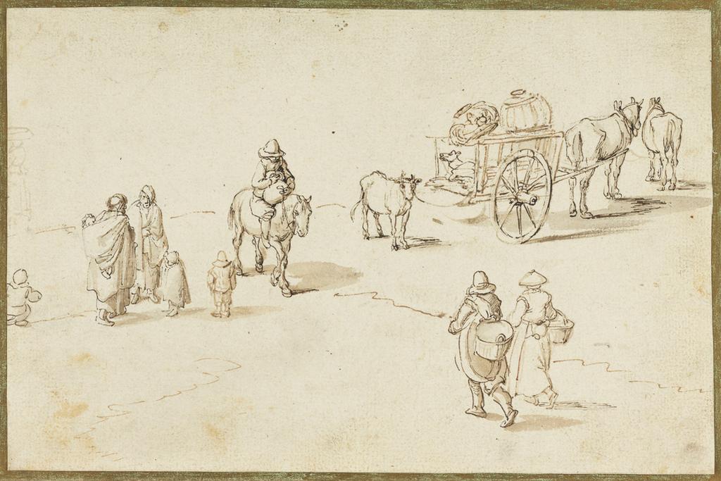 An image of Sheet of studies of peasants. Brueghel, Jan, the elder (Flemish, 1568-1625). Point of the brush, pen and brown ink, grey-brown wash, on paper, laid down, with a faint line of graphite bordering it, height 170 mm, width 257 mm.