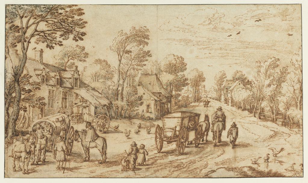 An image of A village street with carts and horses.  Brueghel, Jan, the elder (Flemish, 1568-1625). Pen and brown ink, blue-grey wash, with a line of brown wash bordering it on all sides, on paper, height 169 mm, width 289 mm, circa 1600.