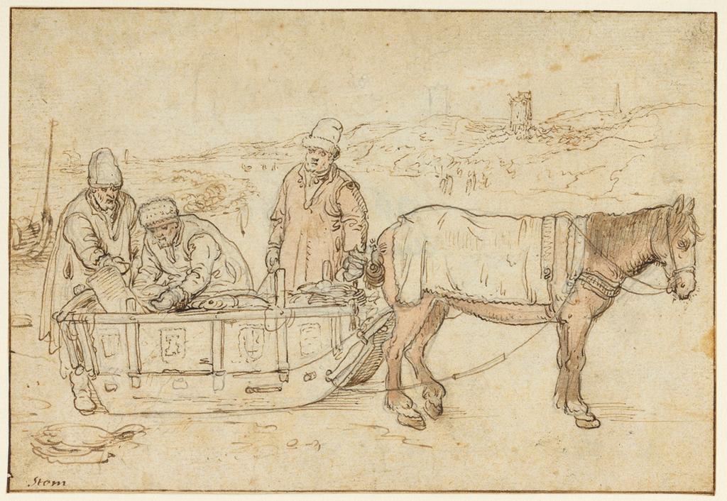 An image of Fishermen with a horsedrawn sledge on the beach near Scheveningen. Avercamp, Hendrick (Dutch, 1585-1634). Pen, brown ink, with pink and brown wash over black chalk, with a line of brown ink bordering it on all sides, on paper laid down on card, height 121 mm, width 179 mm.