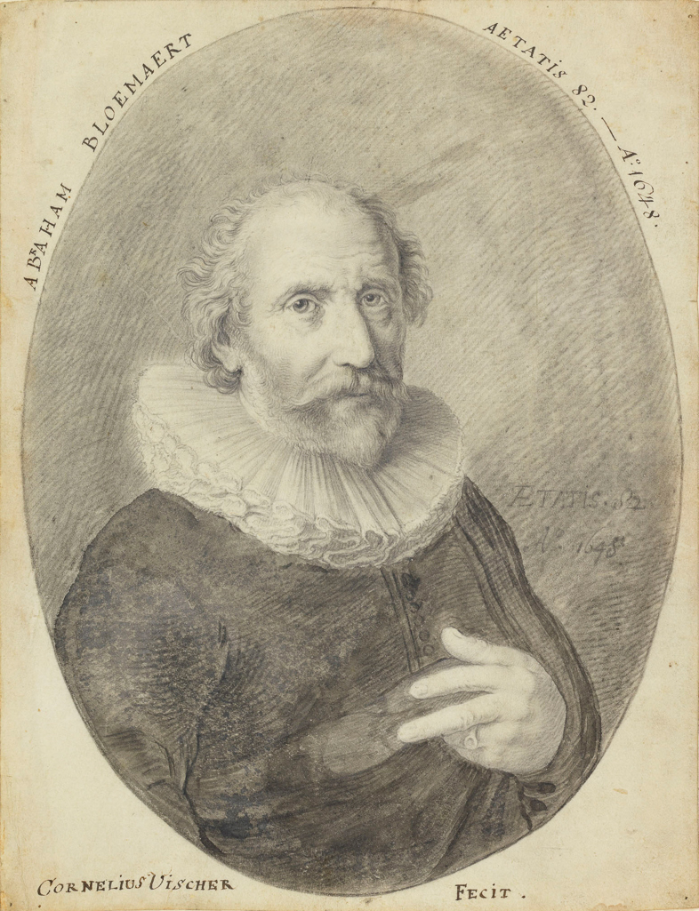 An image of Portrait of Abraham Bloemaert, aged 82. Visscher, Claes Jansz.(Dutch, 1587-1652). Graphite and grey wash on vellum, within a fictive oval, with a line of graphite along the top edge, height 264 mm, width 180 mm, 1648.