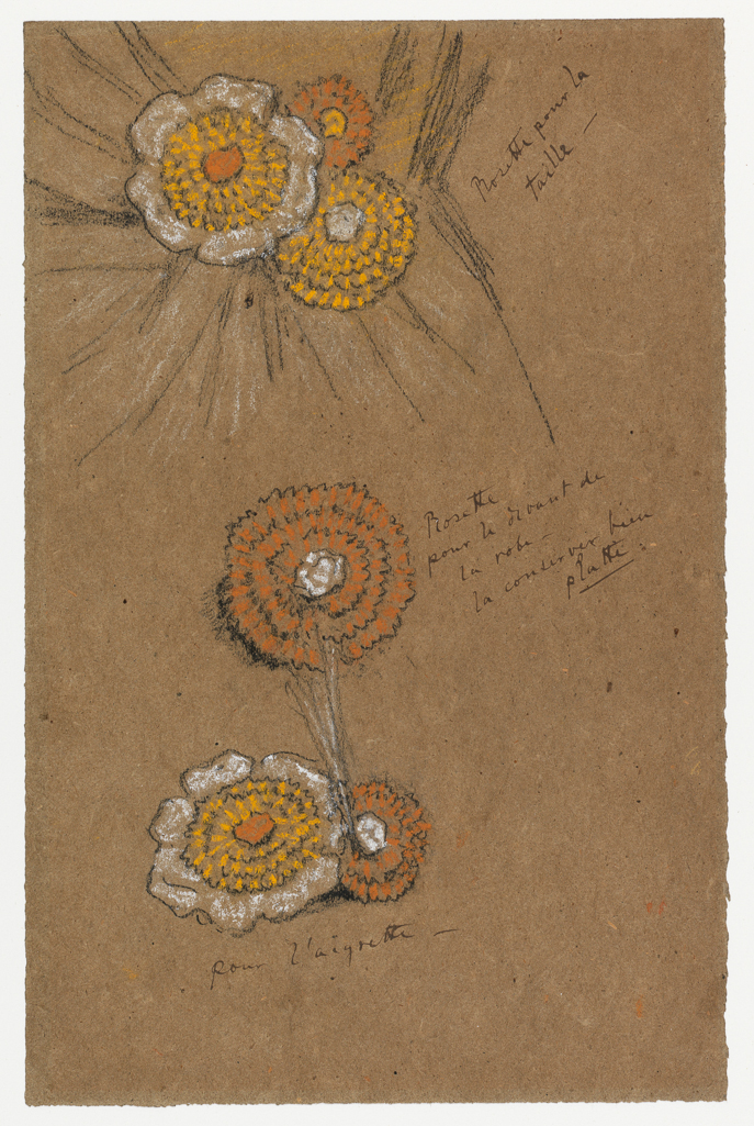 An image of Studies of Rosettes. Whistler, James Abbott McNeill (American , 1834-1903). Black and white chalk on brown paper, height 285 mm, width 185 mm, 1871-1874.