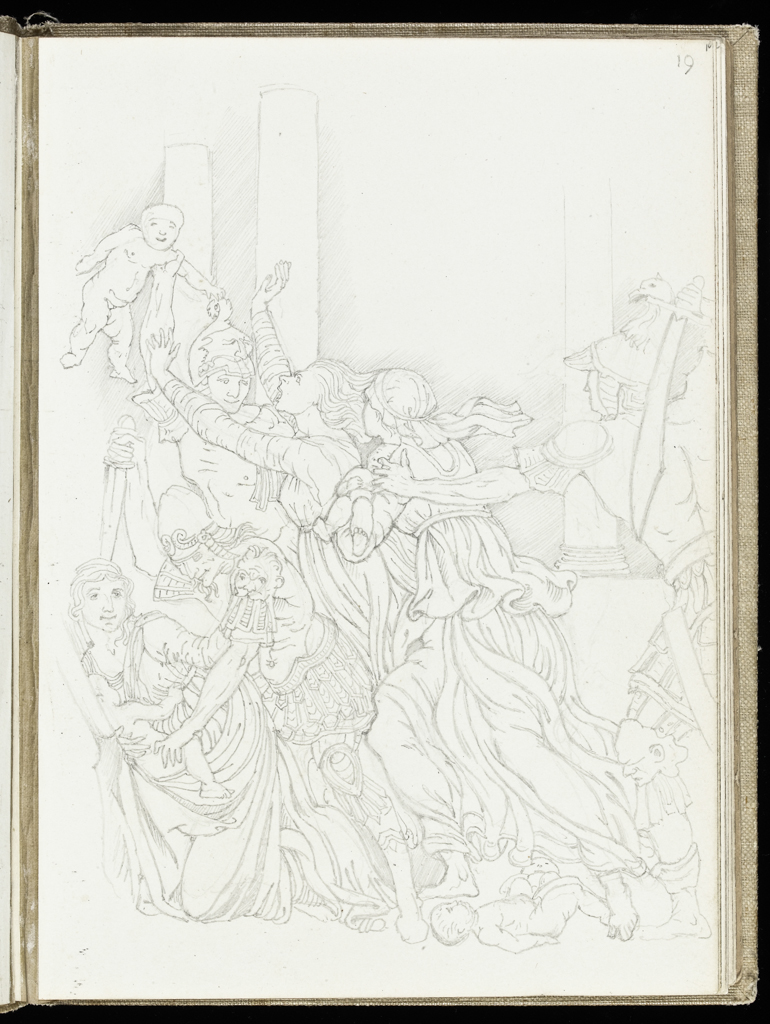 An image of Sketchbook. Recto: Copy of the group of figures at the right centre of the 'Massacre of the Innocents'. Verso: Copy of the horsemen at the left of the 'Relief of Bethulia'. Burne-Jones, Edward (British, 1833-1898). Coverboards covered with white linen. Front cover has horizontal slits at the upper and lower right sides. Off-white paper. Collocation: each sheet is separately taped to the binding; there are 28ff and a single beige sheet on either side of these. Front and back leaves are blank, recto and verso. Height, sheet size, 179 mm, width, sheet size, 254, mm, 1873.