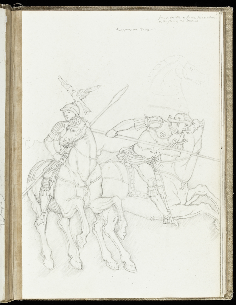 An image of Sketchbook. Recto: Copy of two horsemen at the left centre of the 'Relief of Bethulia'. Verso: Copy of the snake and eagle in a tree from the 'Expulsion of Herod'. Burne-Jones, Edward (British, 1833-1898). Coverboards covered with white linen. Front cover has horizontal slits at the upper and lower right sides. Off-white paper. Collocation: each sheet is separately taped to the binding; there are 28ff and a single beige sheet on either side of these. Front and back leaves are blank, recto and verso. Height, sheet size, 179 mm, width, sheet size, 254, mm, 1873.