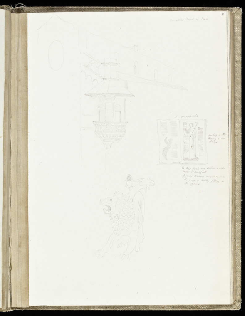 An image of Sketchbook. Recto: Sketch of window and balcony; centre right, sketch of two manuscript pages; lower centre, sketch of a beast with a lion's head, a goat's head and a snake's (?) head attached to a single body. Verso: Left, sketch of manuscript leaf with a letter 'P' surrounded by illustration; right, sketch of an illustrated 'E'. Burne-Jones, Edward (British, 1833-1898). Coverboards covered with white linen. Front cover has horizontal slits at the upper and lower right sides. Off-white paper. Collocation: each sheet is separately taped to the binding; there are 28ff and a single beige sheet on either side of these. Front and back leaves are blank, recto and verso. Height, sheet size, 179 mm, width, sheet size, 254, mm, 1873.