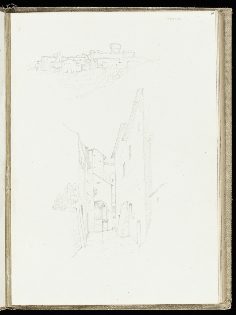 An image of Sketchbook. Recto: Top, sketch of the city as seen in the distance; below, view down a narrow city street lined with buildings. Verso: Upper left, view down city street with an archway at its end; below, sketch of a tiger(?) holding down a man with its front paws. Burne-Jones, Edward (British, 1833-1898). Coverboards covered with white linen. Front cover has horizontal slits at the upper and lower right sides. Off-white paper. Collocation: each sheet is separately taped to the binding; there are 28ff and a single beige sheet on either side of these. Front and back leaves are blank, recto and verso. Height, sheet size, 179 mm, width, sheet size, 254, mm, 1873.