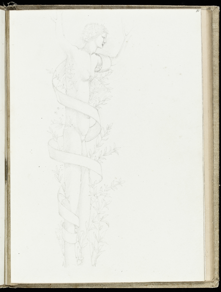 An image of Sketchbook. Recto: Copy of the far left figure from the Mantegna painting 'Minerva Expelling the Vices from the Grove of Virtue'. Burne-Jones, Edward (British, 1833-1898). Coverboards covered with white linen. Front cover has horizontal slits at the upper and lower right sides. Off-white paper. Collocation: each sheet is separately taped to the binding; there are 28ff and a single beige sheet on either side of these. Front and back leaves are blank, recto and verso. Height, sheet size, 179 mm, width, sheet size, 254, mm, 1873.