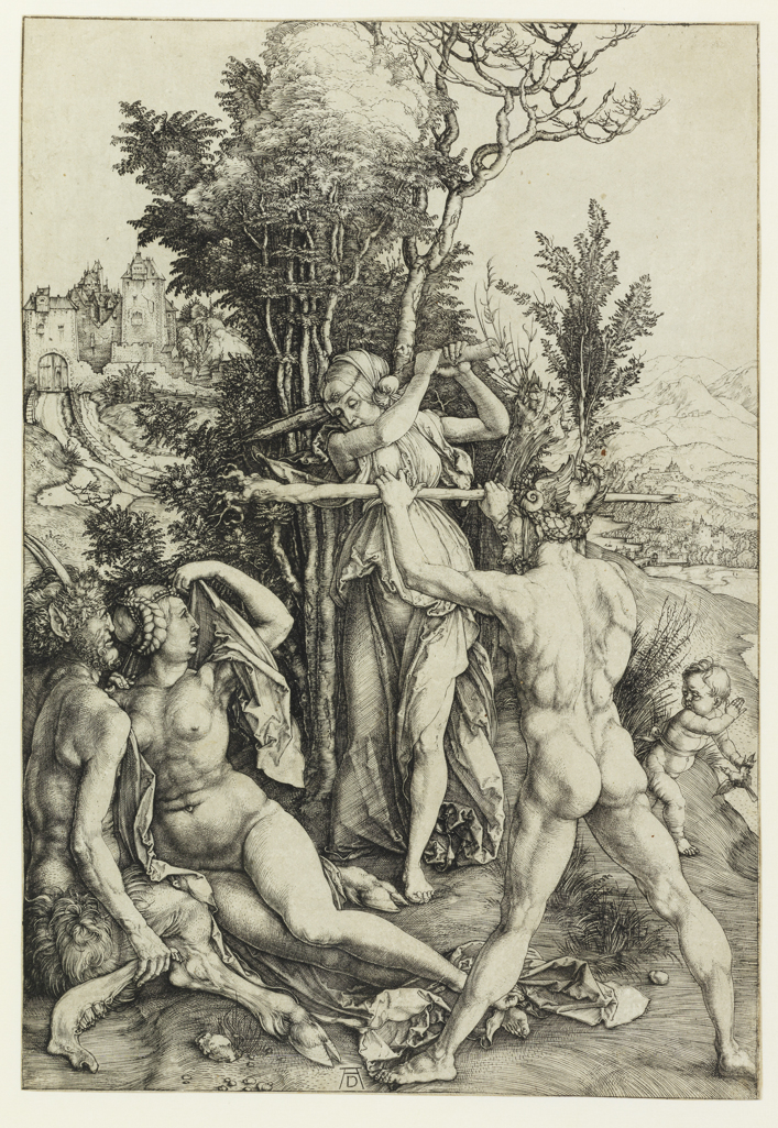 An image of Hercules at the crossroads. 'The effects of Jealousy' 'The great satyr'. Dürer, Albrecht (German, 1471-1528). Engraving, black carbon ink on laid paper, borderline completed in ink, height, plate, 325 mm, width, plate, 223 mm, height, sheet, 325 mm, width, sheet, 223 mm, circa 1498. Production Note: II/II. Before the scratch on the leg of the standing man.