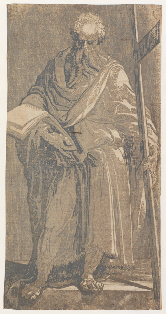 An image of St Philip, full length with an open book resting on his right arm. Beccafumi, Domenico (Italian, 1486-1551). Chiaroscuro woodcut, from three blocks, circa 1545-circa 1550.
