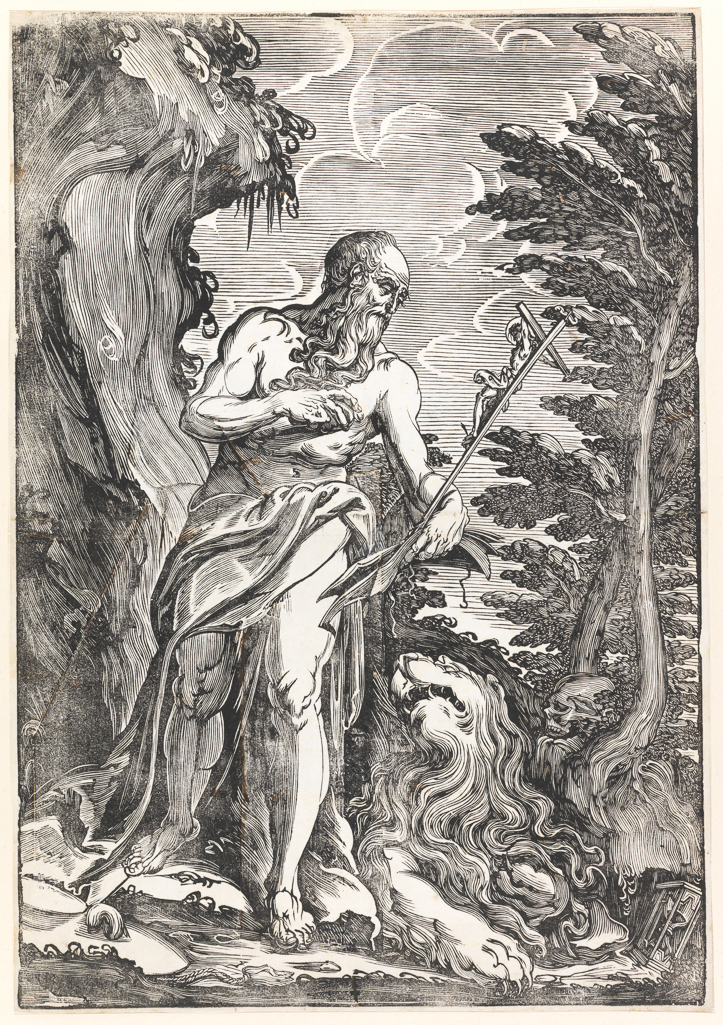 An image of St Jerome in penitence. Scolari, Giuseppe (Italian, active 1592-1607). Woodcut, circa 1590-circa 1600. Production Note: Not etching, as stated in Passavant.