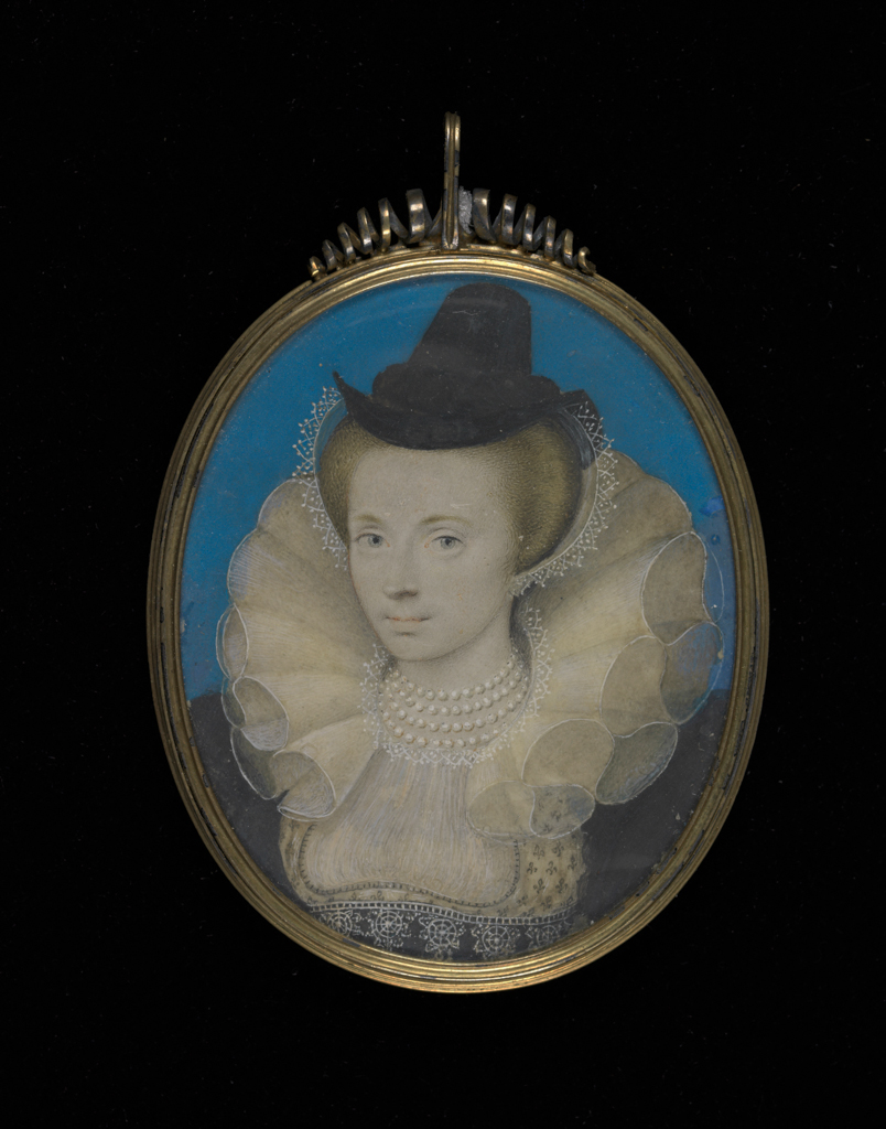 An image of Miniature. Unknown Lady. Oliver, Isaac I (British, 1556(?)-1617). Watercolour on vellum on card, height 52 mm, width 41 mm, 1595-1600. Production Note: Perhaps of the Vavasour family.