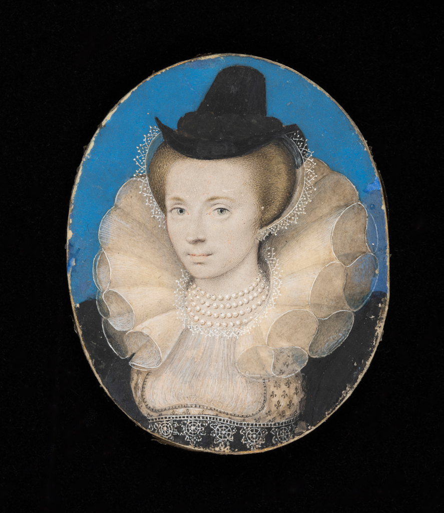 An image of Miniature. Unknown Lady. Oliver, Isaac I (British, 1556(?)-1617). Watercolour on vellum on card, height 52 mm, width 41 mm, 1595-1600. Production Note: Perhaps of the Vavasour family.
