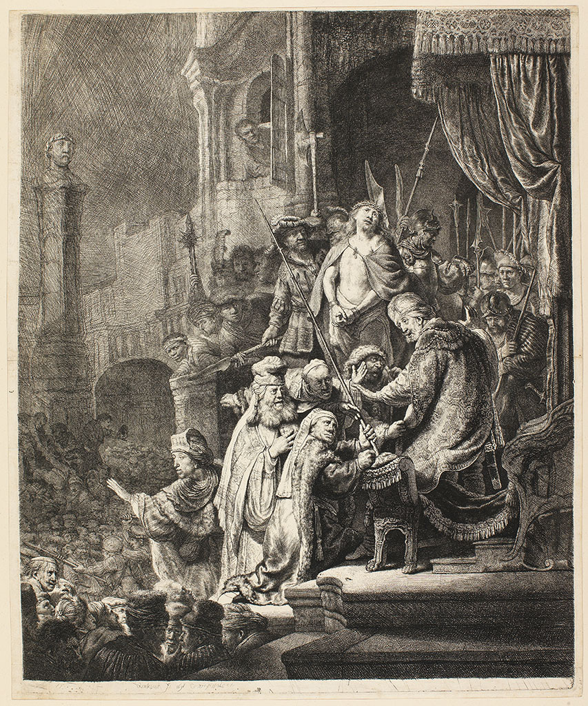 An image of Christ before Pilate. Rembrandt Harmensz. van Rijn (Dutch, 1606-1669). Vliet, Jan van (Dutch, c.1610-c.1668). Etching, engraving, black carbon ink on laid paper, chainlines horizontal (28mm / 30mm). Height, plate, 549 mm, width, plate, 447 mm; height, sheet, 559 mm, width, sheet, 461 mm, 1635-1636. Production Note: IV/V. Printed on mould side of paper. New Hollstein (Dutch/Flemish); 155 iii/v (Rembrandt). Hollstein (Dutch/Flemish); B77 IV/V. Biörklund/Barnard; BB35-K IV/V. Lugt; 2475. Ash & Fletcher (Rembrandt watermarks); 21.A.b.