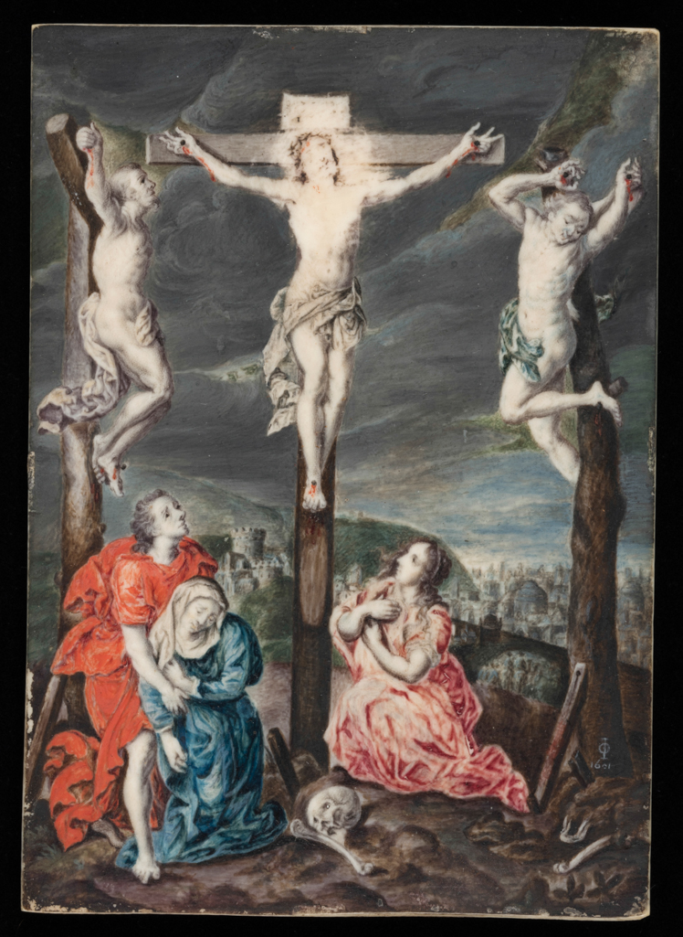 An image of Miniature. The Crucifixion. Oliver, Isaac I (British, 1556(?)-1617). Watercolour on thick ivory, height 117 mm, width 82 mm.