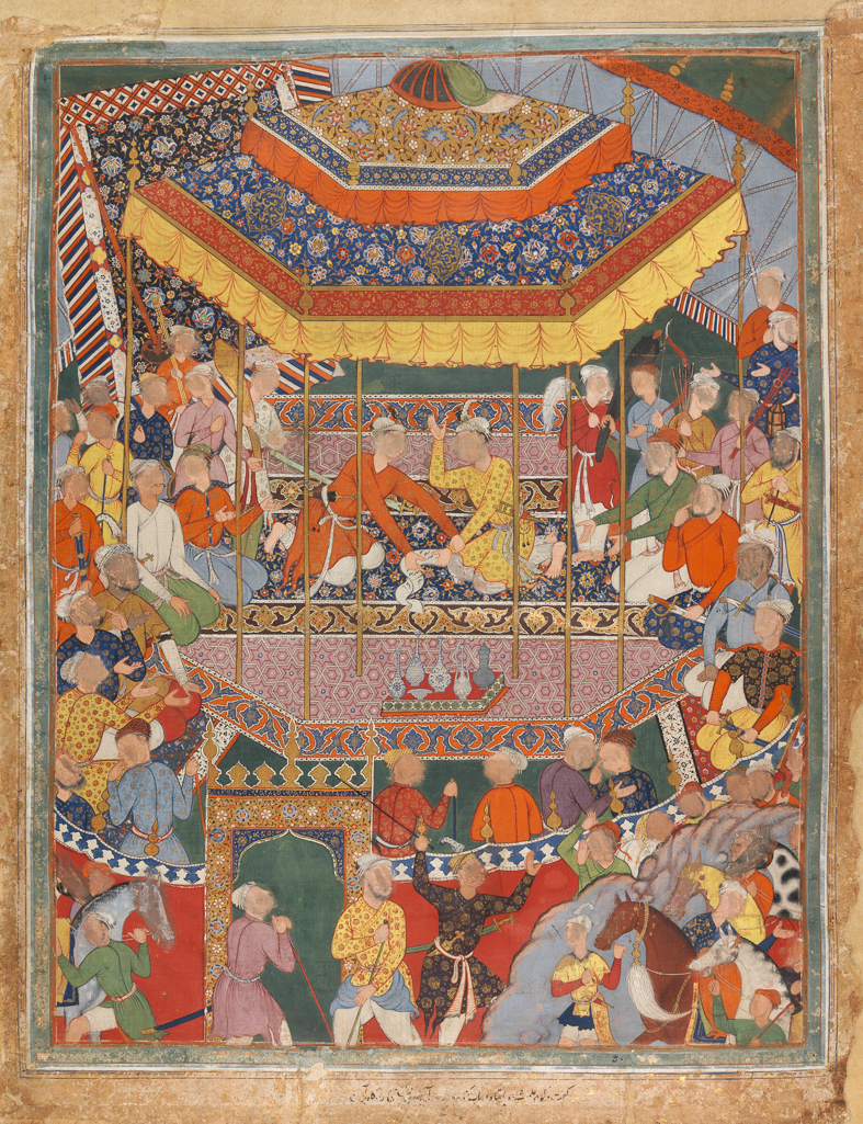 An image of Miniature. Illustration from the Hamza Nama. Two young men seated together in a pavilion, each with numerous attendants, disputing over a scroll of writing. Verso: Calligraphy. Bodycolour and watercolour on cotton, height 675 mm, width 512 mm. Mogul School. Production Note: Formerly 'Indo-Persian, c. 1555-1579'. Notes: The Hamza Nama, a manuscript of the Dastan i-Amir Hamzah (an Islamic romance), was begun for the Emperor Humayun, and completed after his death in 1556 for his successor Akbar. It was illustrated by fifty artists working in the Imperial library first under the Persian master Mir Sayyid 'Ali, and later under a second Persian, 'Abd al-Samad. Other illustrations from this very large work are known as follows: 61 in the Museum für Kunst und Industrie, Vienna 25 in the Victoria and Albert Museum 5 in the British Museum 17 in various collections in the USA For further notes see the filing box. Acquisition Credit: National Art Collections Fund.