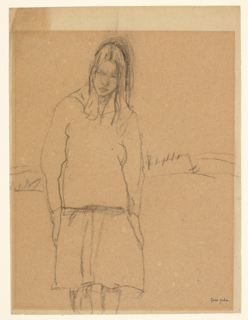 An image of An adolescent girl, standing in a landscape. John, Gwen (British, 1876-1939). Charcoal on pale buff paper. Batchelor Collection. Post-conservation image.