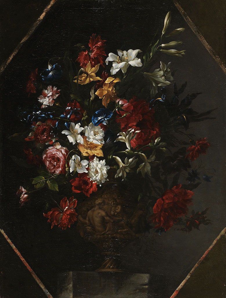 An image of Flowers in a sculptured vase. Pérez, Bartolomé (Spanish, 1634-1693). Oil on canvas, height, canvas, 84 cm, width, canvas, 62.8 cm, 1666.