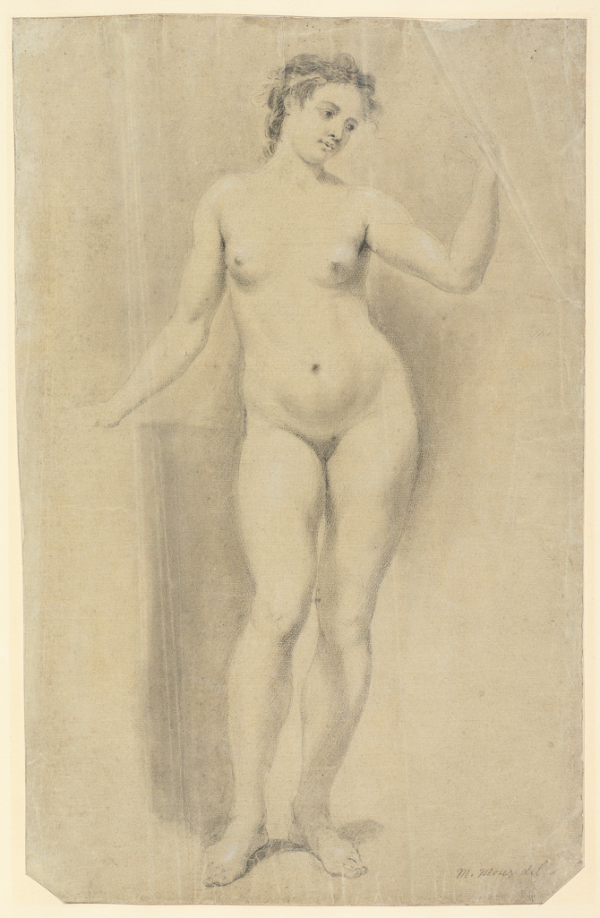 An image of Standing female nude. Moser, Mary (British, 1744-1819). Black and white chalk on grey-green paper, height 490 mm, width 302 mm.